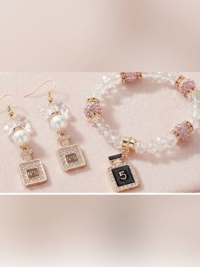 Bow and pearl dangle drop earrings and bracelet set brand new